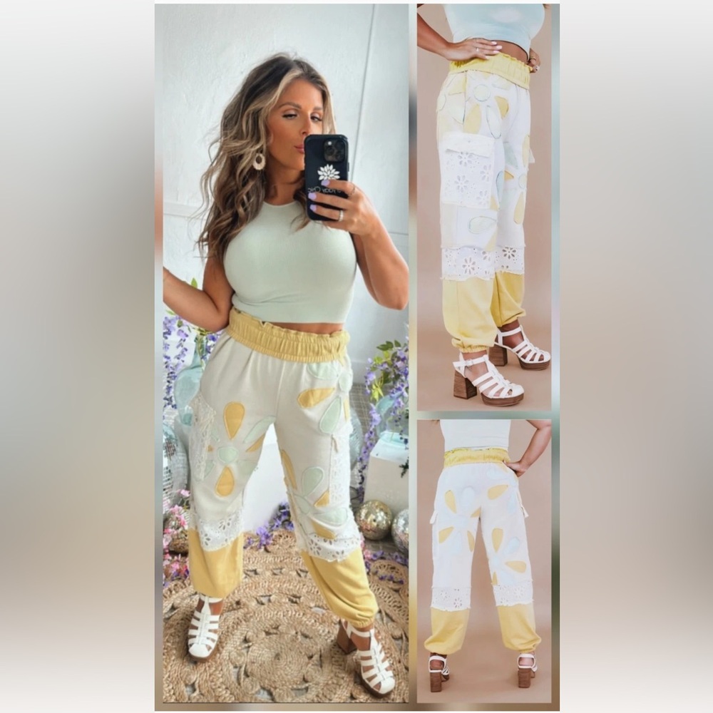 Oli & Hali Yellow & Cream Daisy Flower Patchwork Cargo Joggers Relaxed Fit